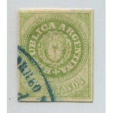 ARGENTINA 1862 GJ 11A ESCUDITO DE 10 Cts. ESTAMPILLA USADA VARIEDAD VERDE OLIVA, INFIMO ADELGAZAMIENTO U$ 440